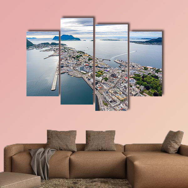 Aksla at the city of Alesund, Norway aerial multi panel canvas wall art