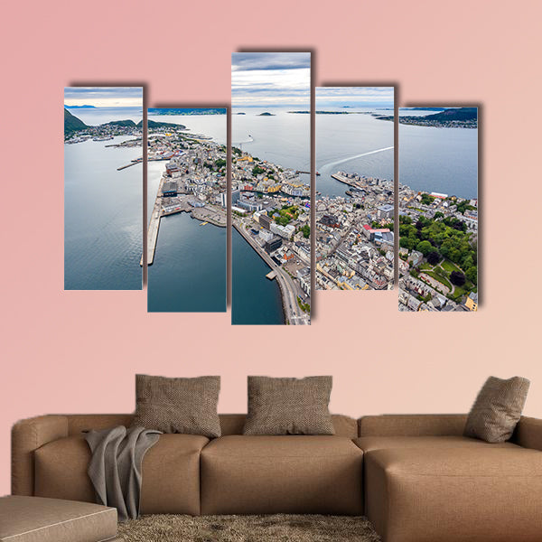 Aksla at the city of Alesund, Norway aerial multi panel canvas wall art
