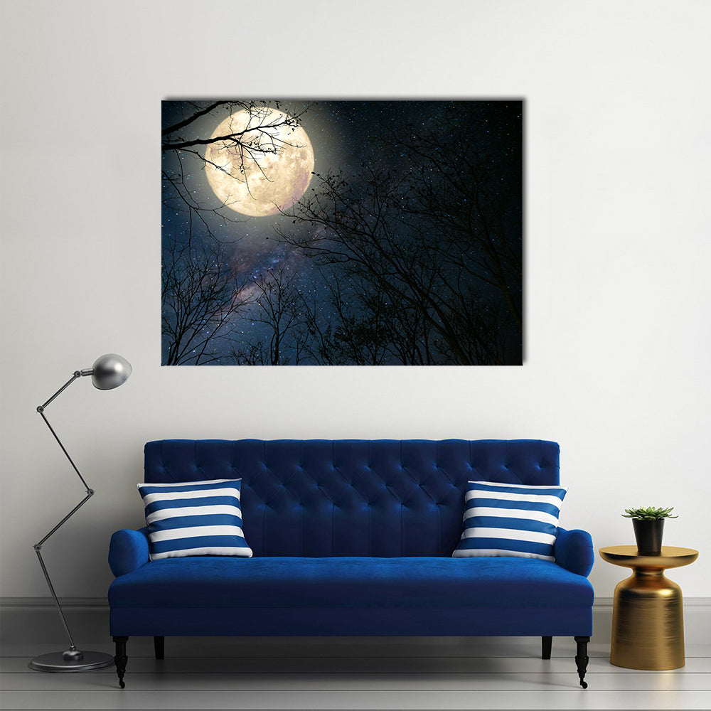Beautiful Milky Way Full Moon And Old Tree Multi Panel Canvas Wall Art