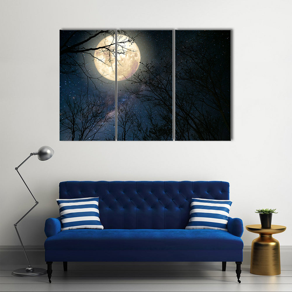 Beautiful Milky Way Full Moon And Old Tree Multi Panel Canvas Wall Art