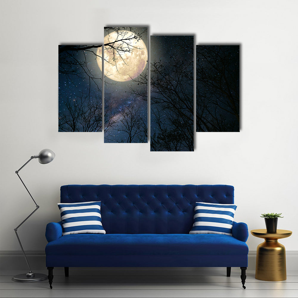 Beautiful Milky Way Full Moon And Old Tree Multi Panel Canvas Wall Art