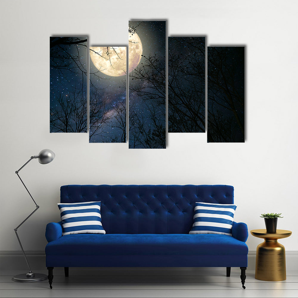 Beautiful Milky Way Full Moon And Old Tree Multi Panel Canvas Wall Art