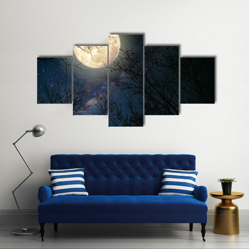 Beautiful Milky Way Full Moon And Old Tree Multi Panel Canvas Wall Art