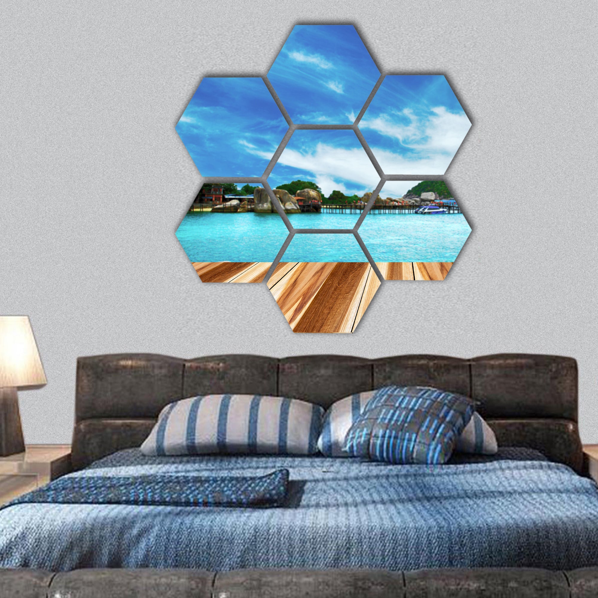 Perspective wood and Nang Yuan island hexagonal canvas wall art
