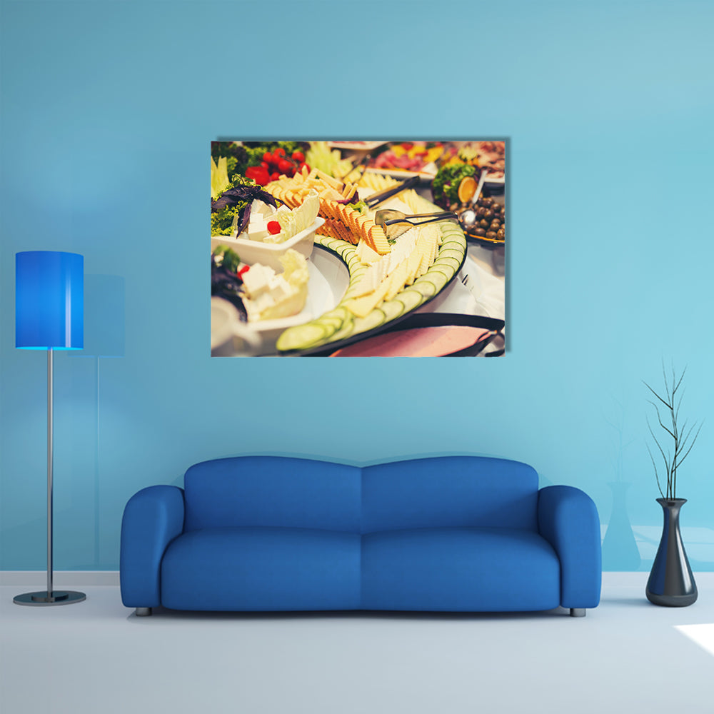 Luxury food on wedding table in hotel or restaurant Multi panel canvas wall art