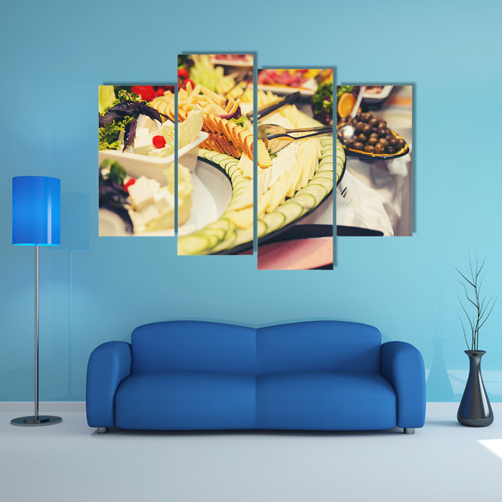 Luxury food on wedding table in hotel or restaurant Multi panel canvas wall art