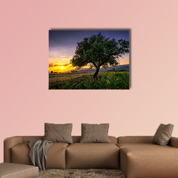 Tree by a corn field at sunset Multi panel canvas wall art
