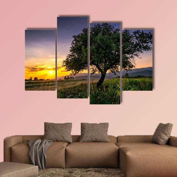 Tree by a corn field at sunset Multi panel canvas wall art