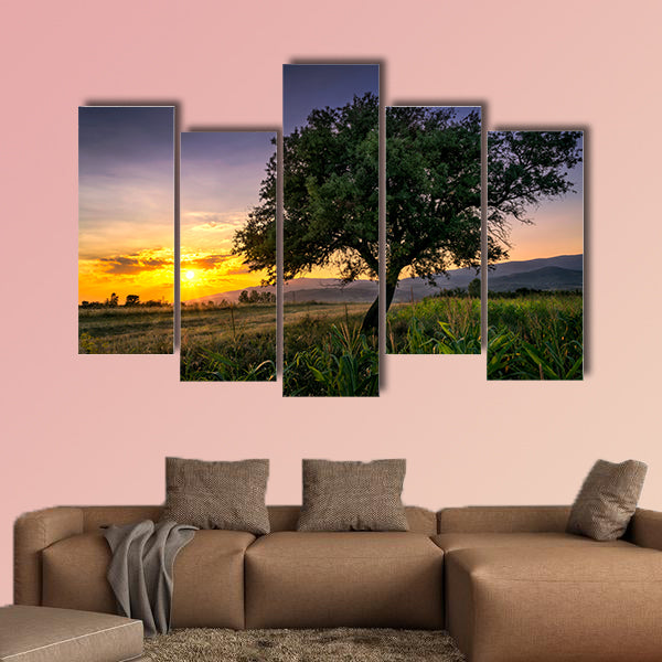 Tree by a corn field at sunset Multi panel canvas wall art