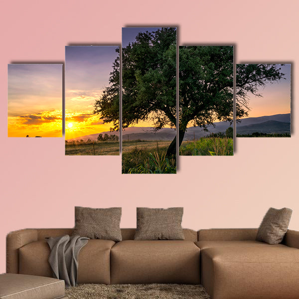 Tree by a corn field at sunset Multi panel canvas wall art