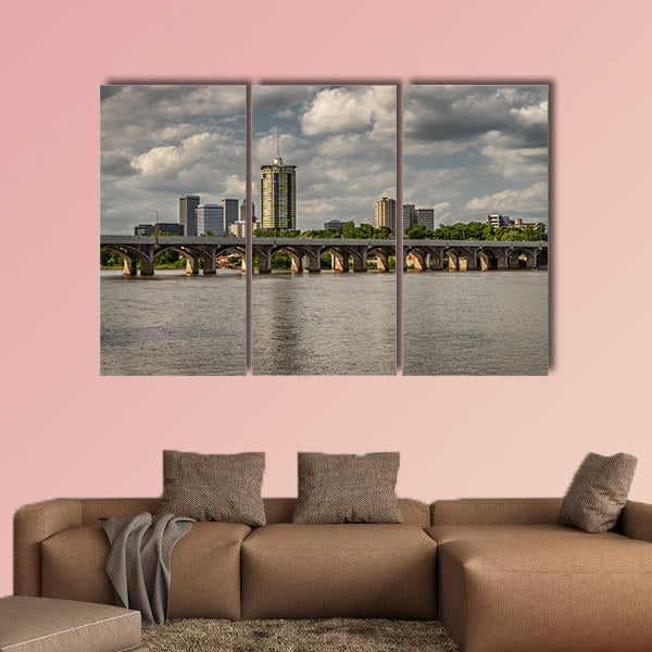 Skyline of Tulsa, Oklahoma with Arkansas River in the foreground Multi panel canvas wall art