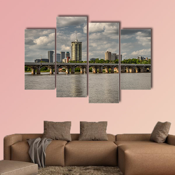 Skyline of Tulsa, Oklahoma with Arkansas River in the foreground Multi panel canvas wall art