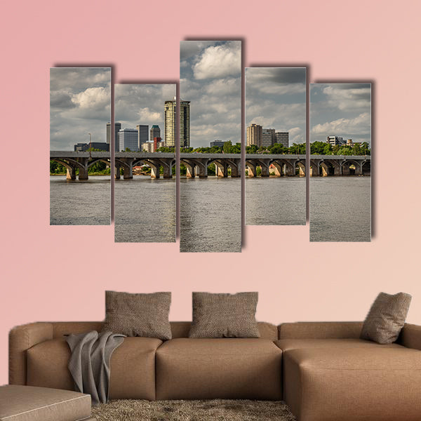 Skyline of Tulsa, Oklahoma with Arkansas River in the foreground Multi panel canvas wall art