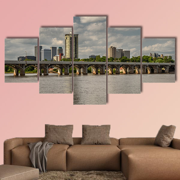 Skyline of Tulsa, Oklahoma with Arkansas River in the foreground Multi panel canvas wall art