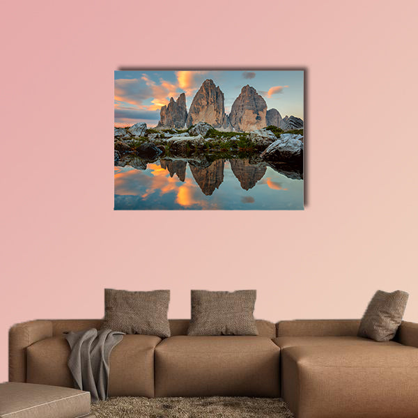 Tre Cime di Lavaredo at beautiful sunrise with reflection in small lake, Dolomites, wall art