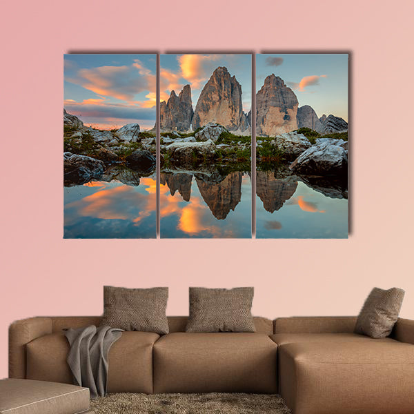 Tre Cime di Lavaredo at beautiful sunrise with reflection in small lake, Dolomites, wall art
