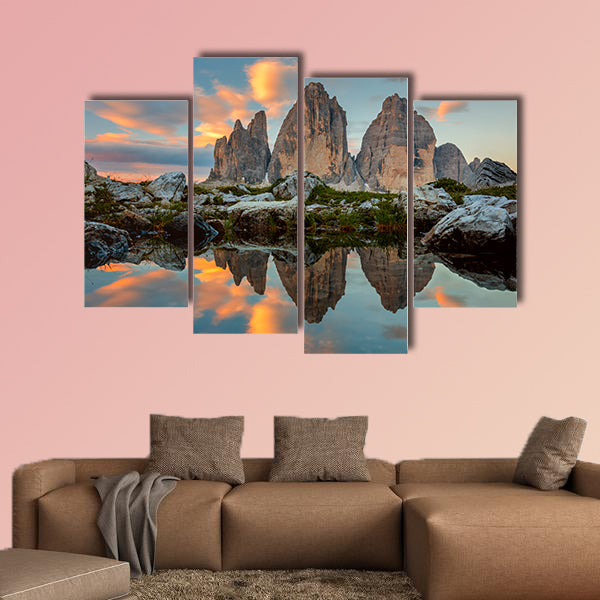 Tre Cime di Lavaredo at beautiful sunrise with reflection in small lake, Dolomites, wall art