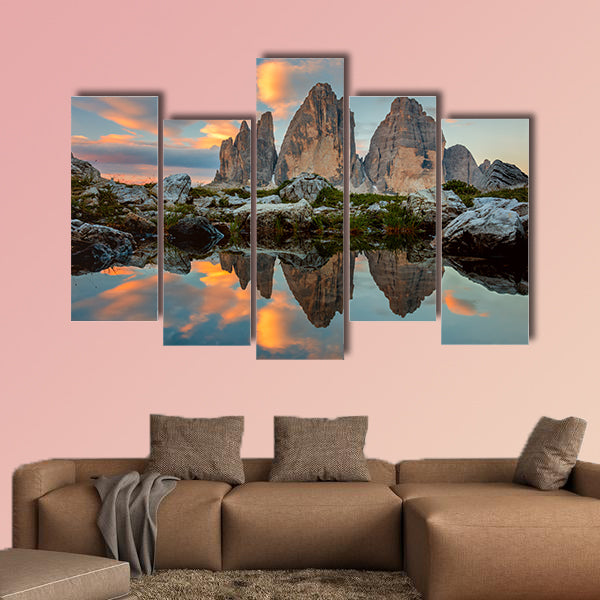 Tre Cime di Lavaredo at beautiful sunrise with reflection in small lake, Dolomites, wall art