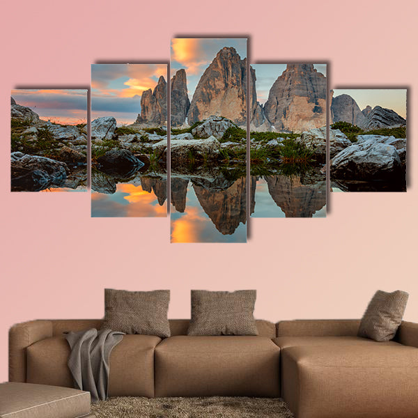 Tre Cime di Lavaredo at beautiful sunrise with reflection in small lake, Dolomites, wall art
