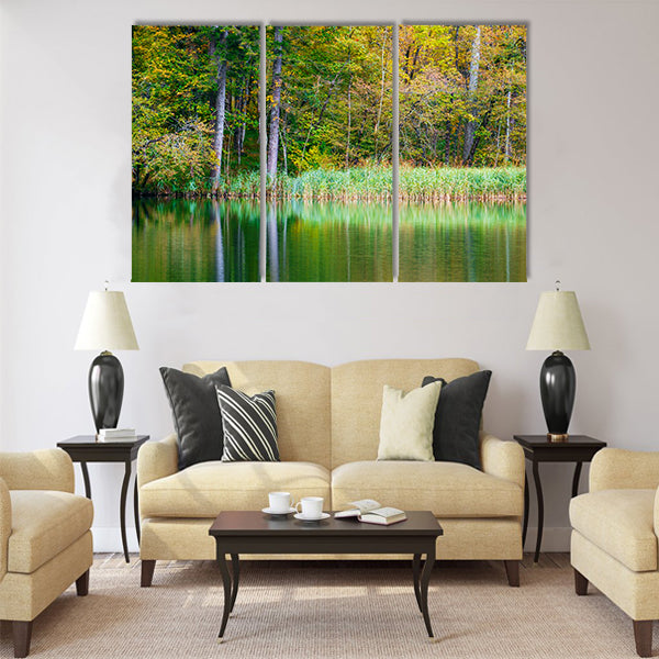 Autumn forest lake Kozjak in Plitvice National Park Multi Panel Canvas Wall Art