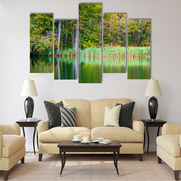 Autumn forest lake Kozjak in Plitvice National Park Multi Panel Canvas Wall Art