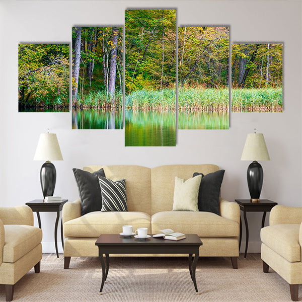 Autumn forest lake Kozjak in Plitvice National Park Multi Panel Canvas Wall Art