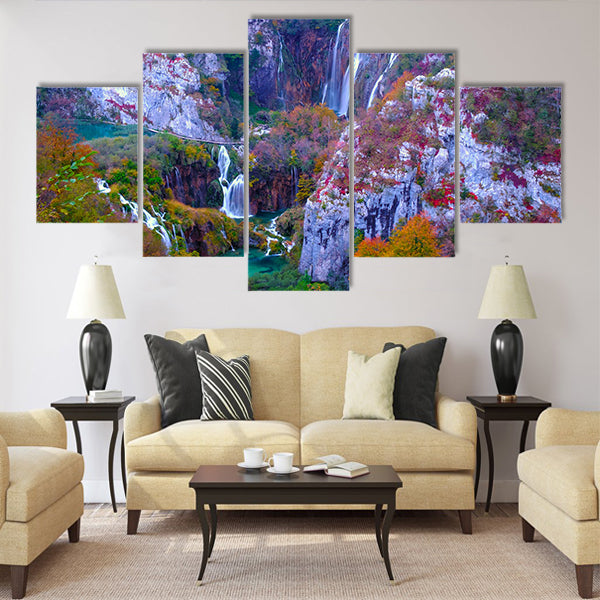Autumn colors and waterfalls Multi Panel Canvas Wall Art