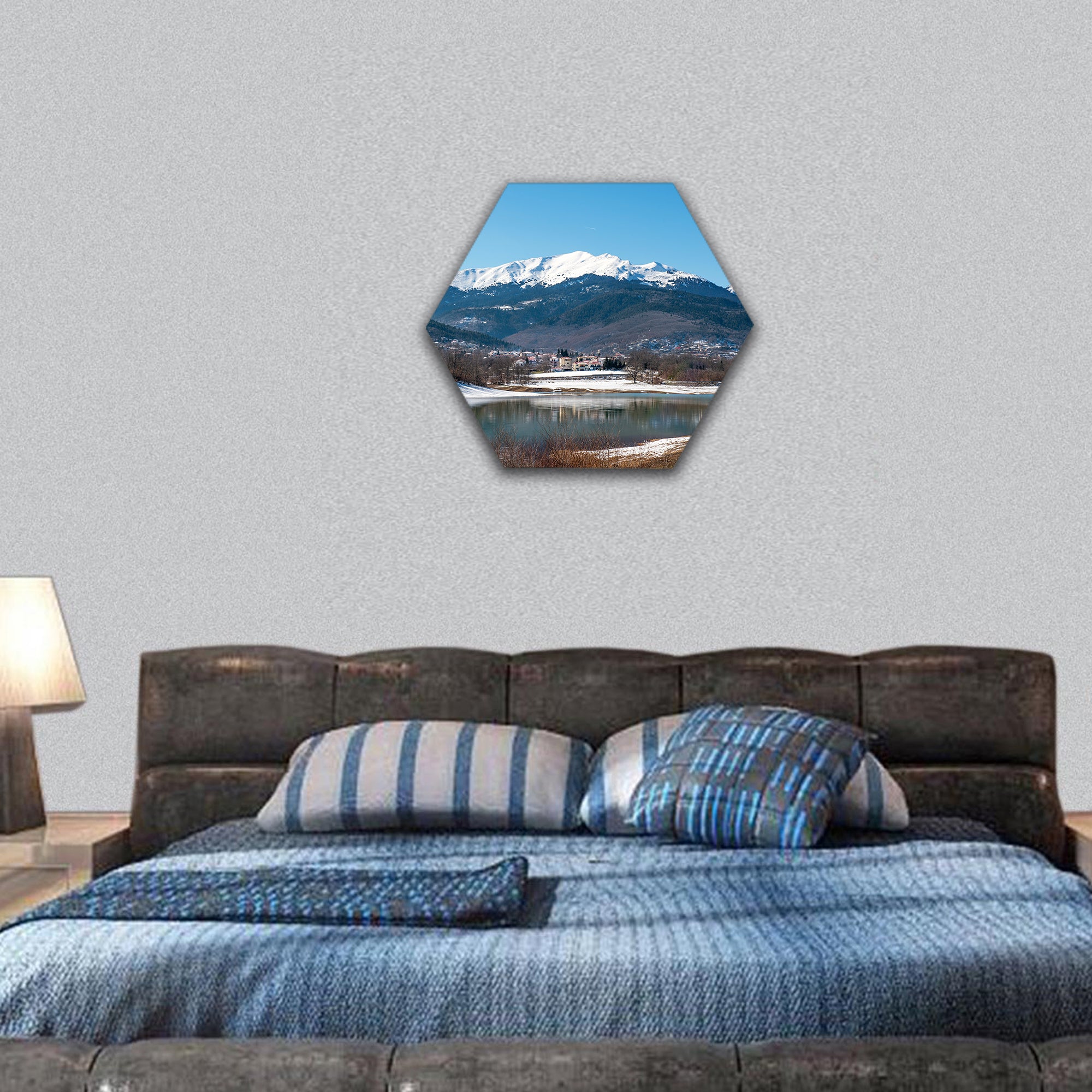 Lake Plastira on winter Greece hexagonal canvas wall art