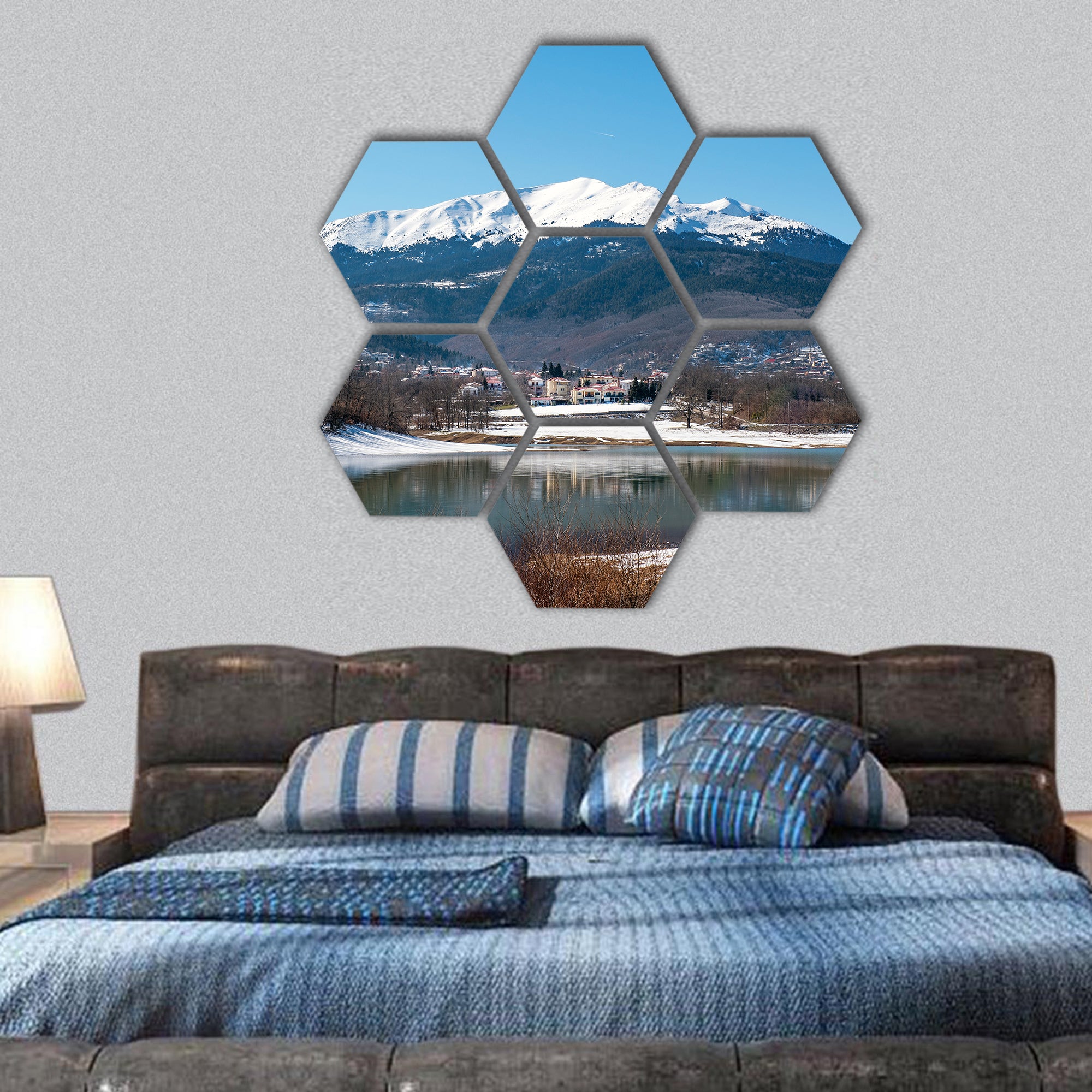 Lake Plastira on winter Greece hexagonal canvas wall art