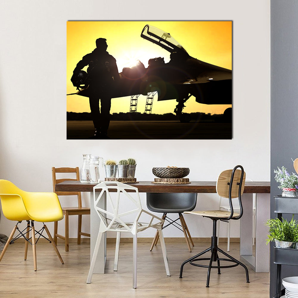 A Military Pilot Moving Away From A Fighter Jet After Its Landing Multi Panel Canvas Wall Art