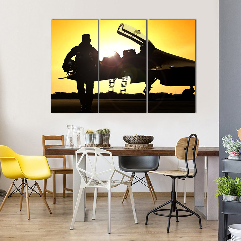 A Military Pilot Moving Away From A Fighter Jet After Its Landing Multi Panel Canvas Wall Art