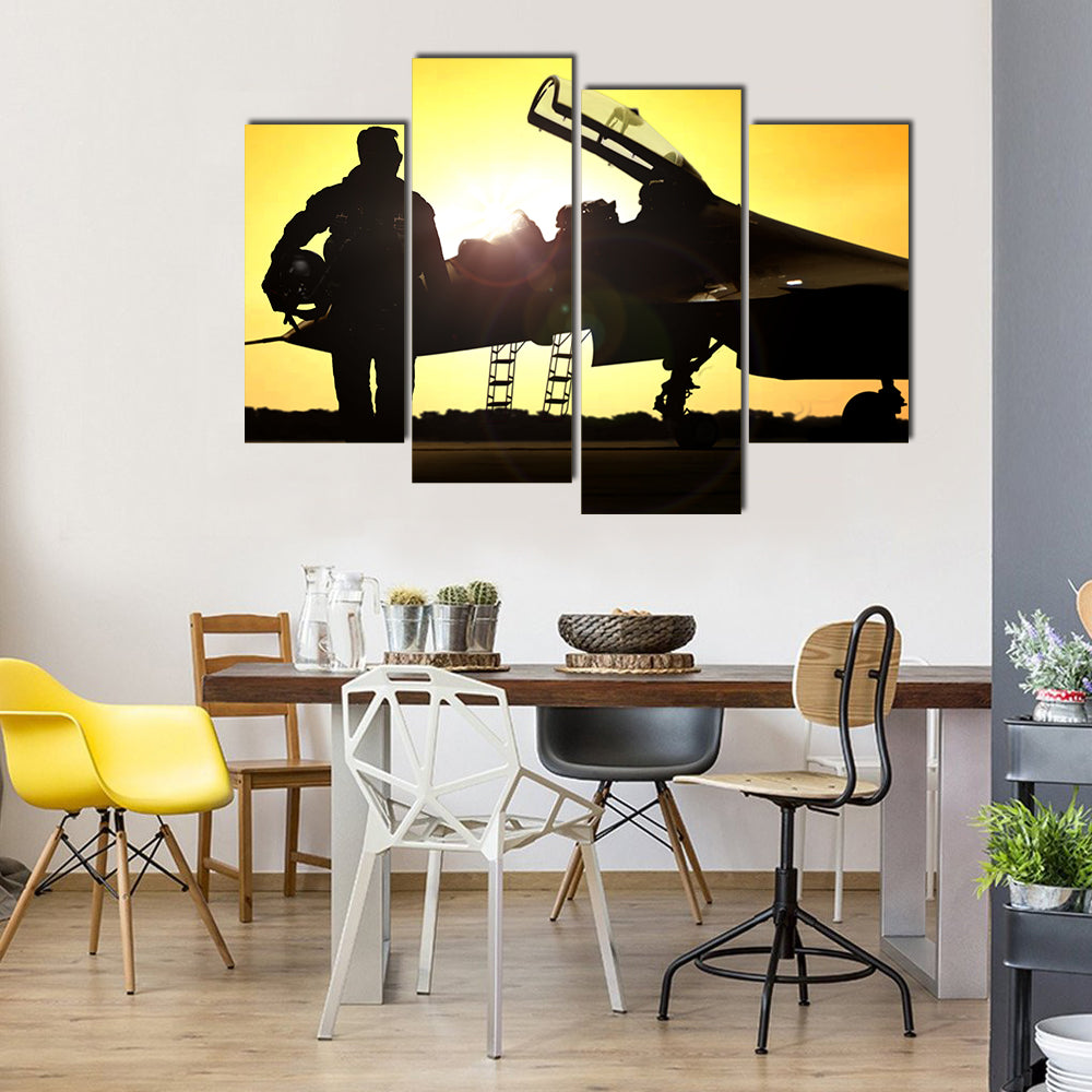 A Military Pilot Moving Away From A Fighter Jet After Its Landing Multi Panel Canvas Wall Art