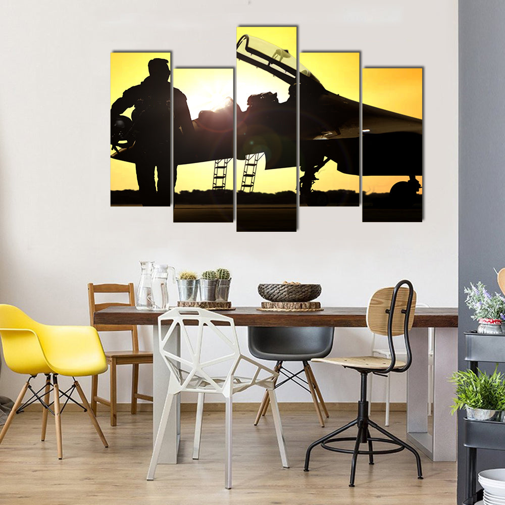 A Military Pilot Moving Away From A Fighter Jet After Its Landing Multi Panel Canvas Wall Art