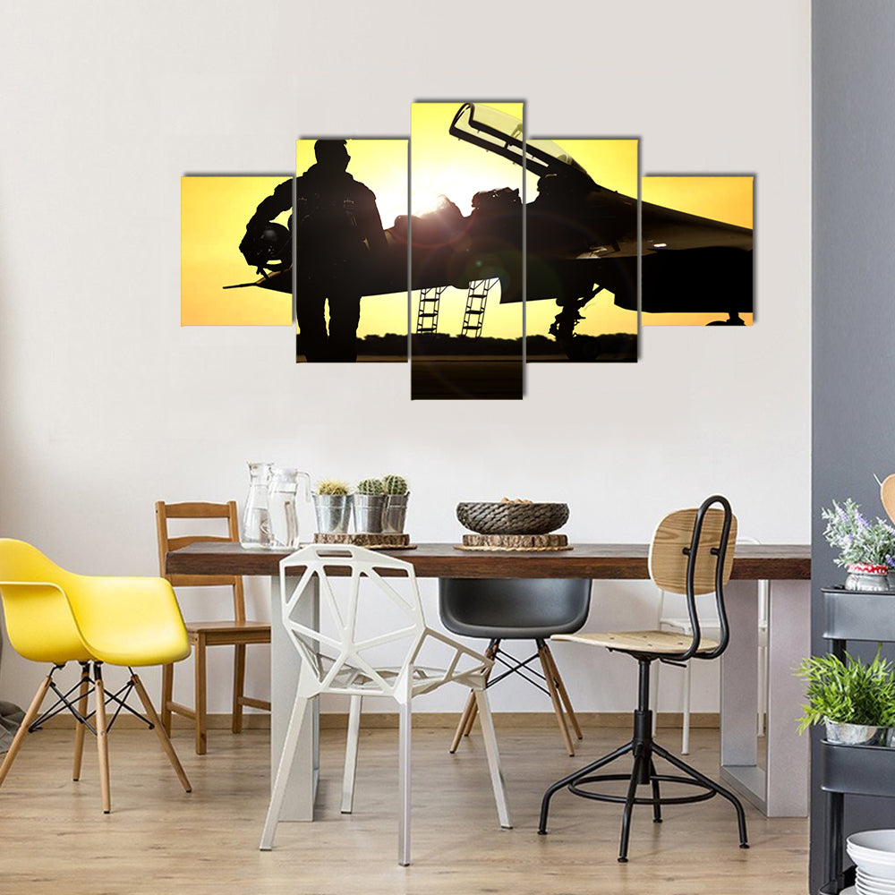 A Military Pilot Moving Away From A Fighter Jet After Its Landing Multi Panel Canvas Wall Art