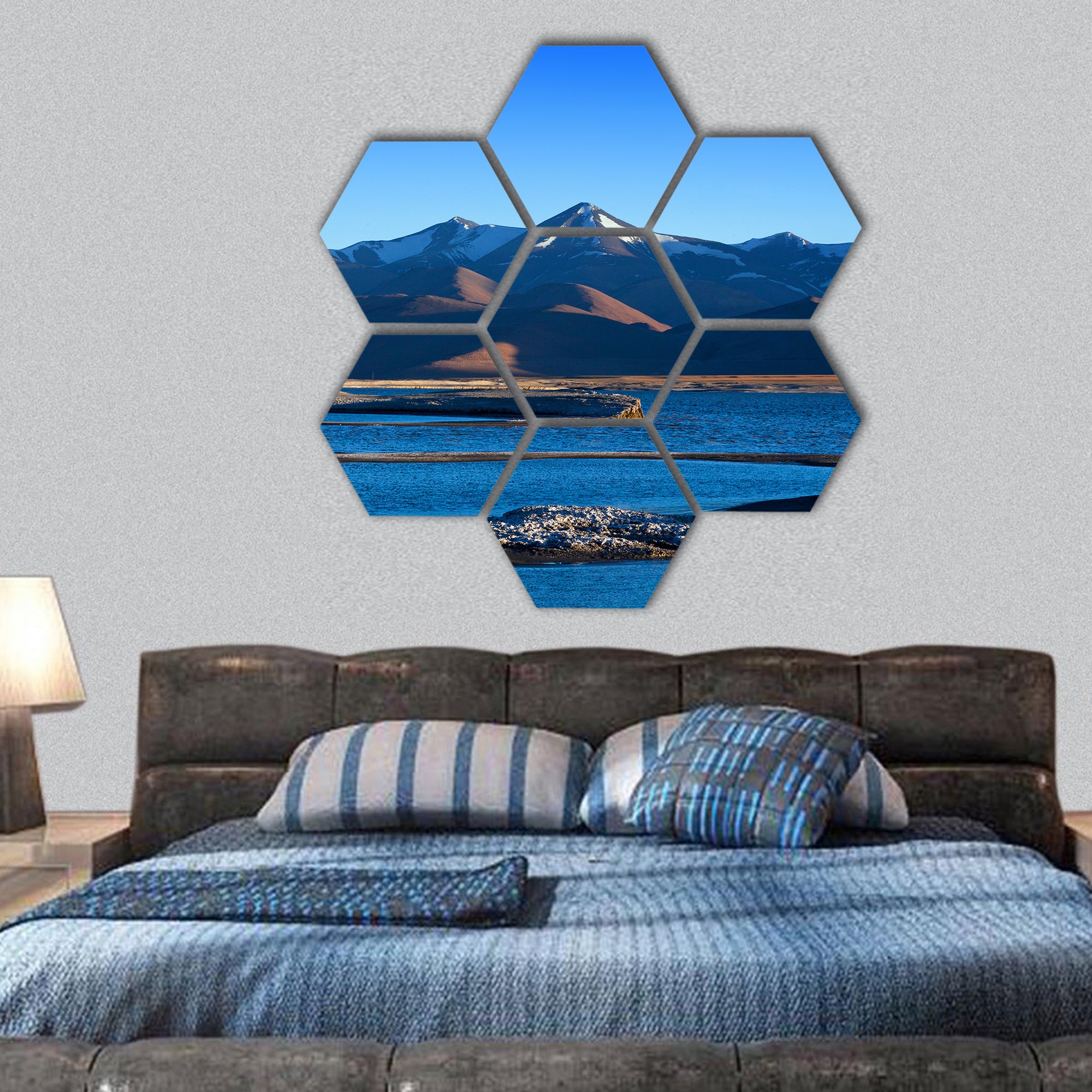 Tso Kar salt water lake in Ladakh, North India hexagonal canvas wall art