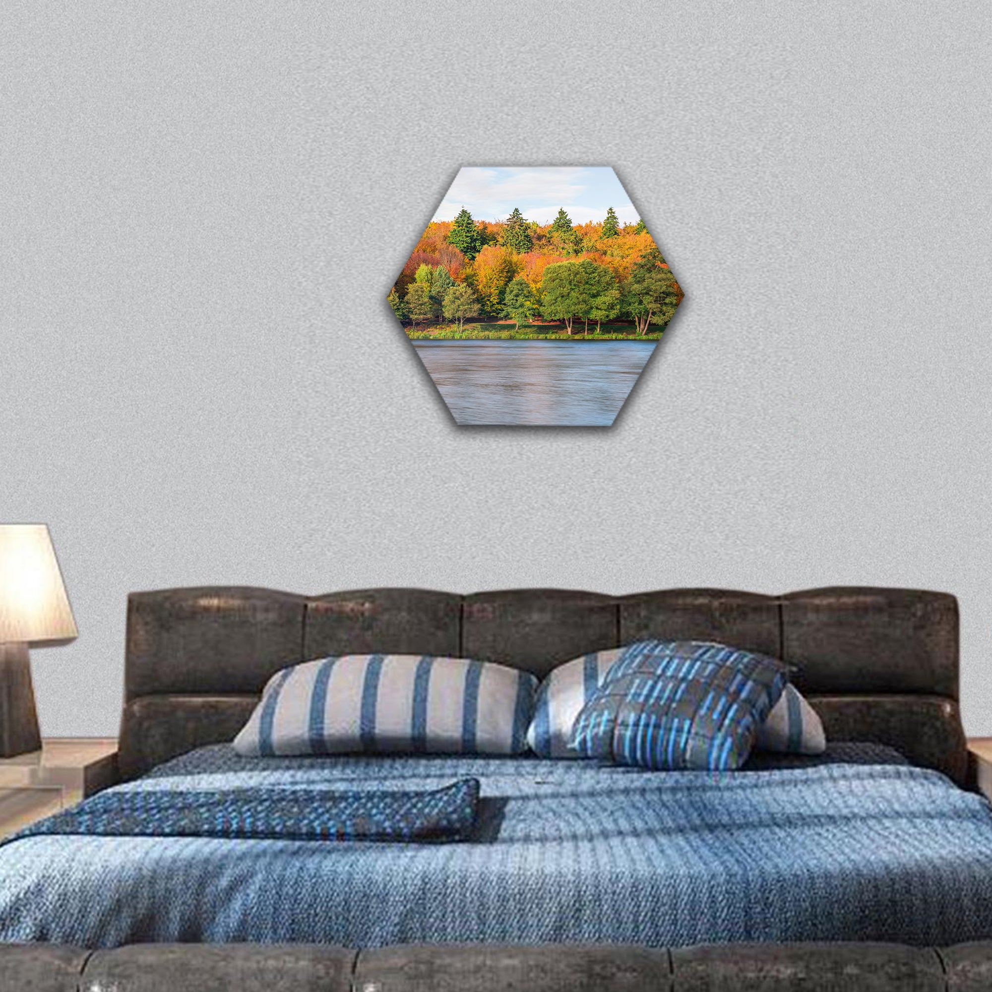 A lake in Virginia Water in Surrey in fall colors, UK hexagonal canvas wall art