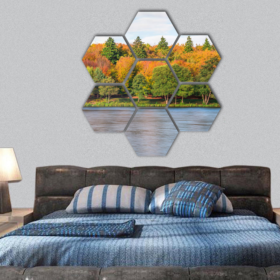 A lake in Virginia Water in Surrey in fall colors, UK hexagonal canvas wall art