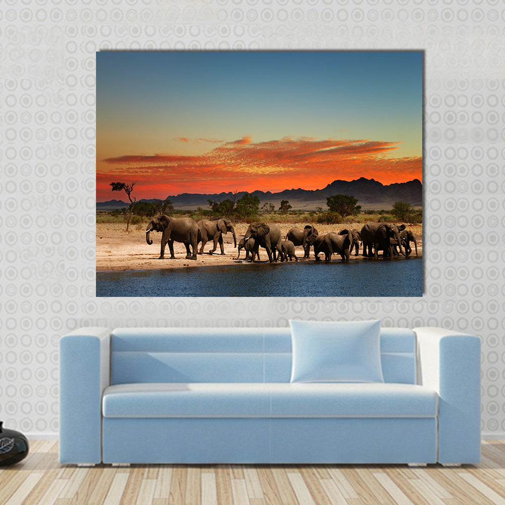 Herd of elephants in african savanna at sunset Multi panel canvas wall art