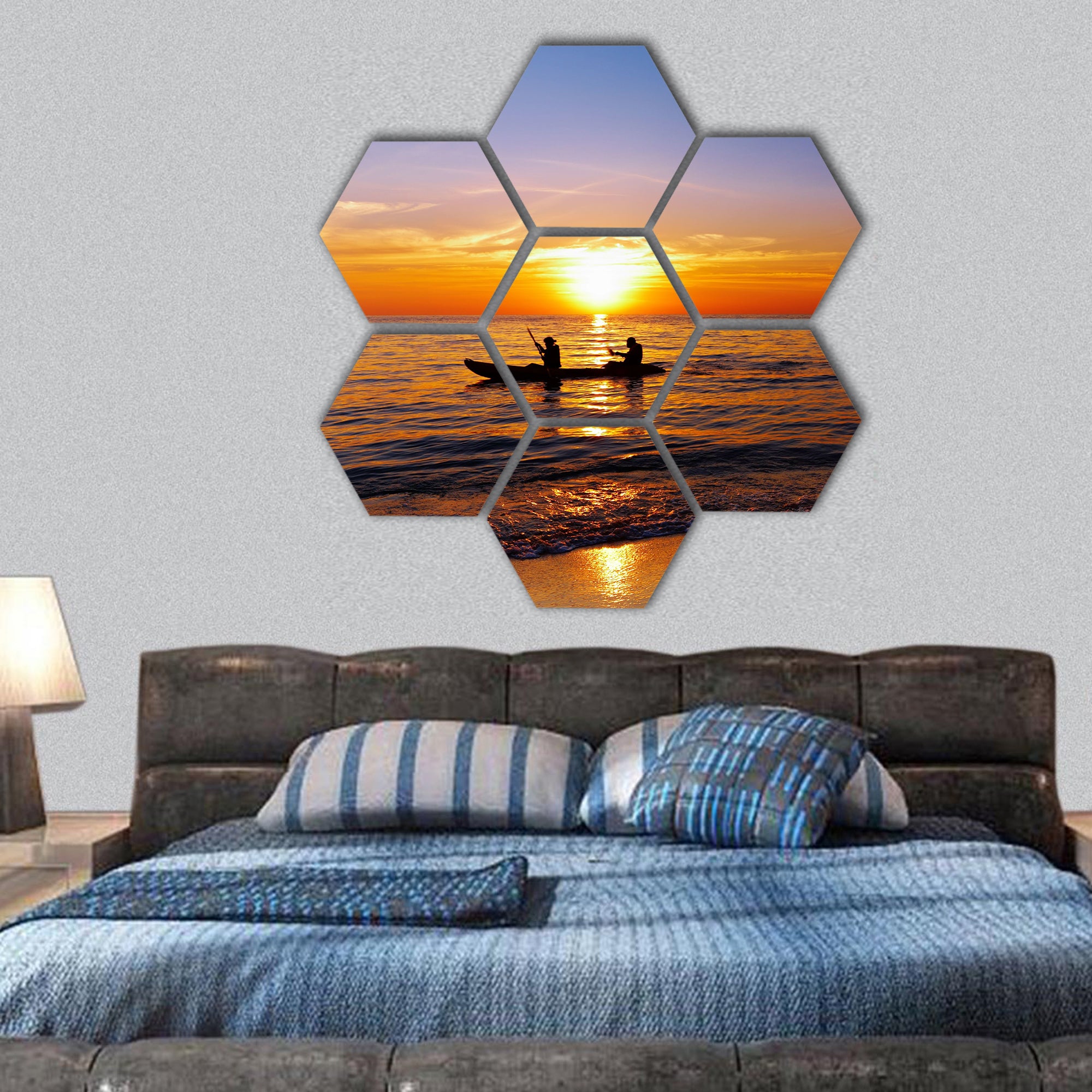 Seascape with kayakers at sunset, Thailand hexagonal canvas wall art
