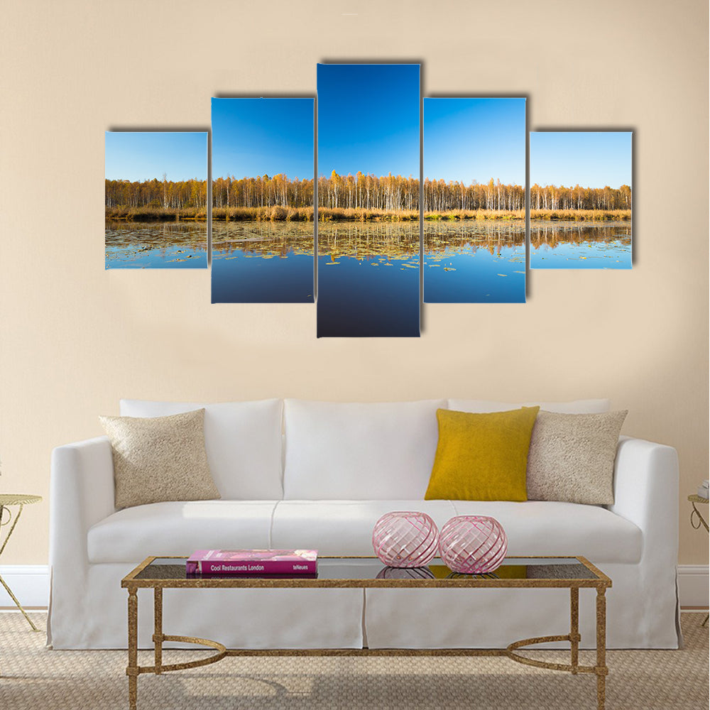 Birch forest and lake Multi panel canvas wall art