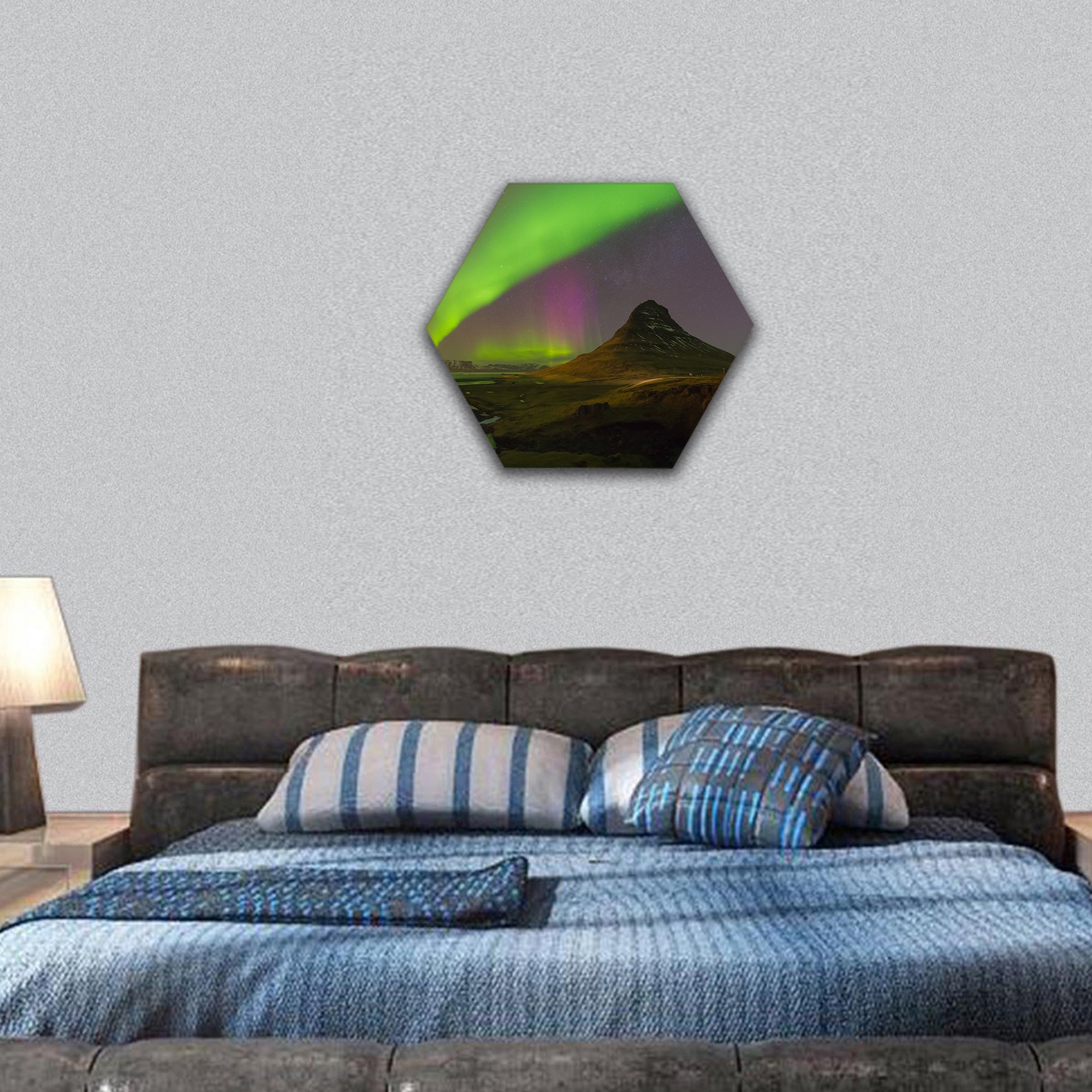 Northern Light over Kirkjufell volcano hexagonal canvas wall art