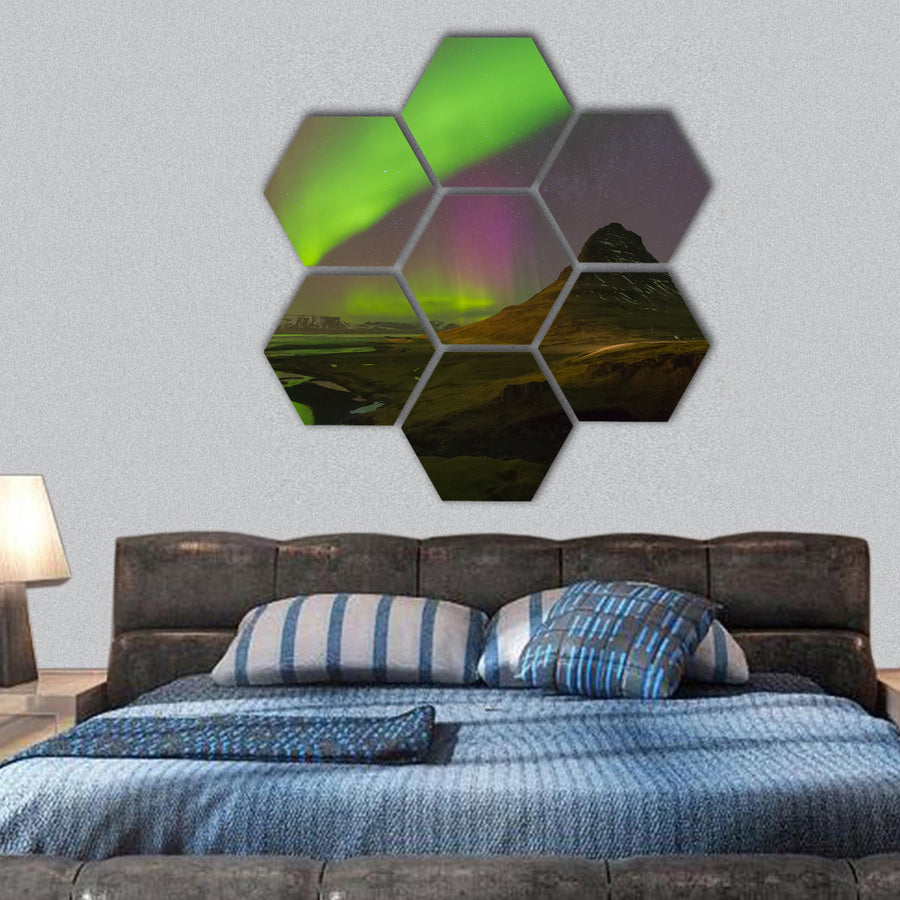 Northern Light over Kirkjufell volcano hexagonal canvas wall art