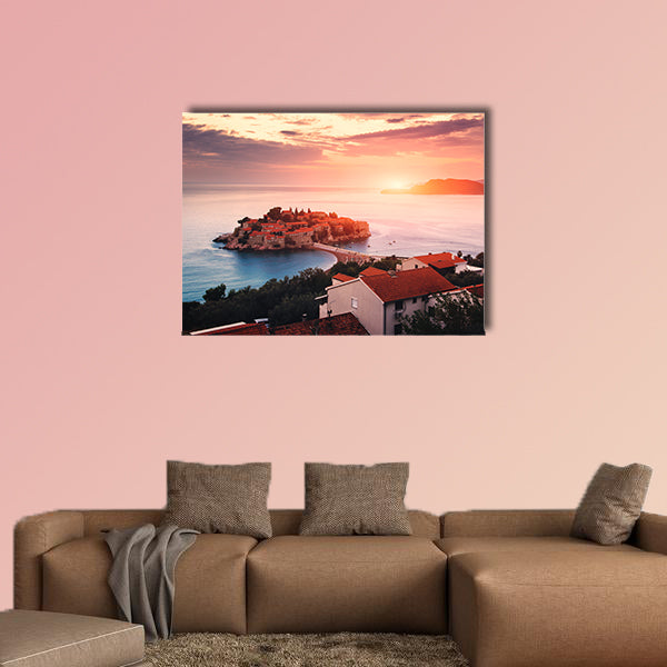 Sveti Stefan Island at sunrise multi panel canvas wall art