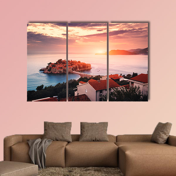 Sveti Stefan Island at sunrise multi panel canvas wall art
