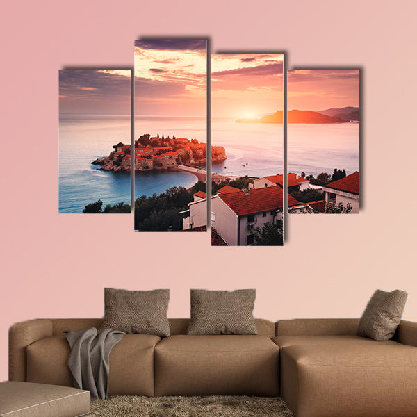 Sveti Stefan Island at sunrise multi panel canvas wall art