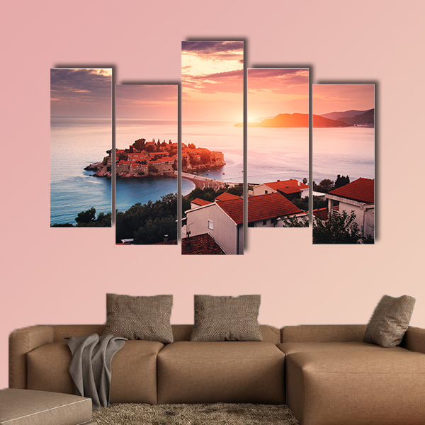 Sveti Stefan Island at sunrise multi panel canvas wall art