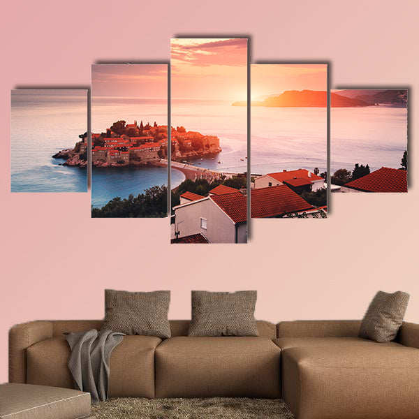Sveti Stefan Island at sunrise multi panel canvas wall art
