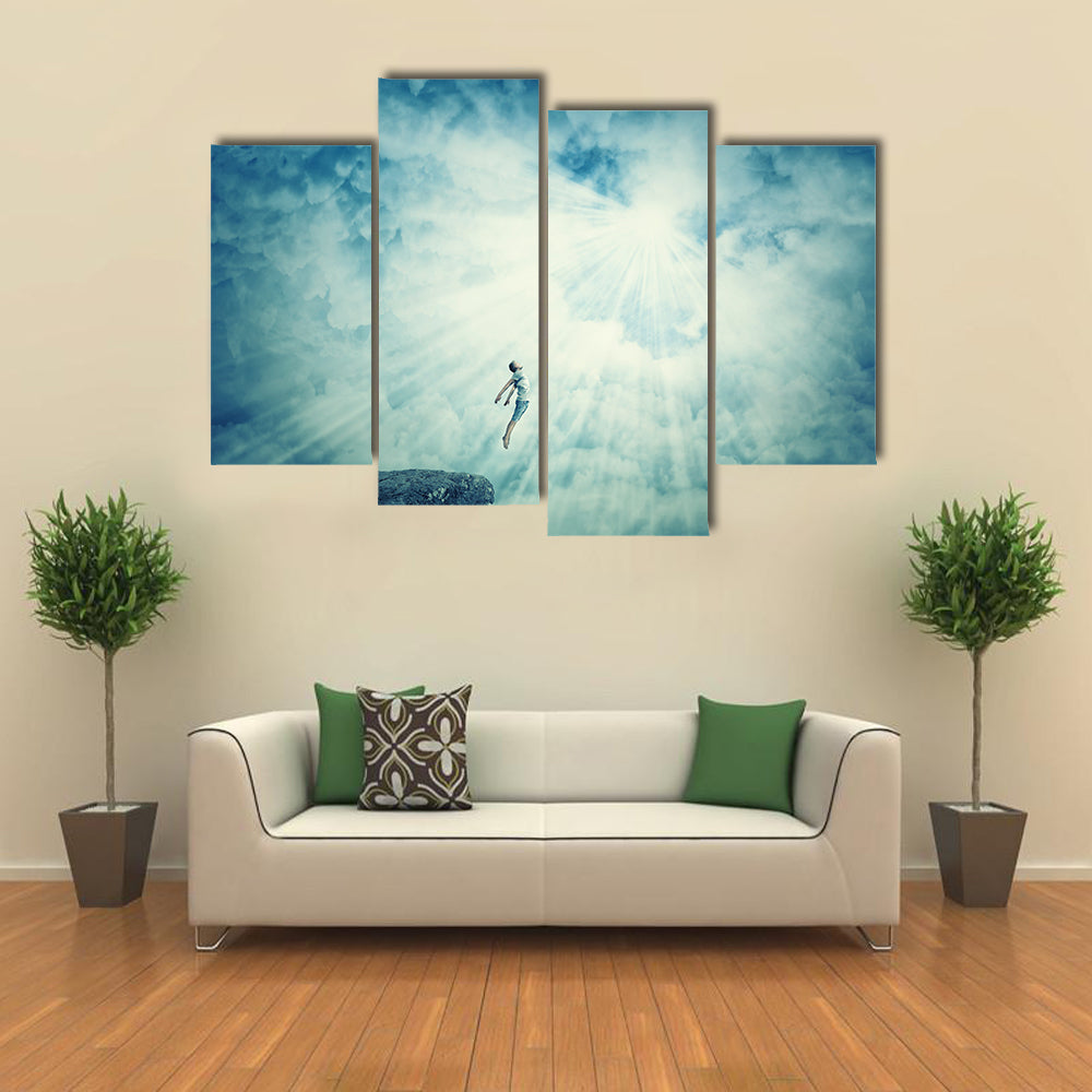 Illusion Of Astral Travel of Young Boy In A Mysterious Place Into The Clouds Multi Panel Canvas Wall Art
