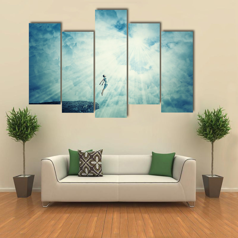 Illusion Of Astral Travel of Young Boy In A Mysterious Place Into The Clouds Multi Panel Canvas Wall Art