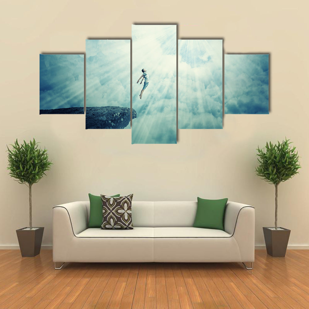 Illusion Of Astral Travel of Young Boy In A Mysterious Place Into The Clouds Multi Panel Canvas Wall Art